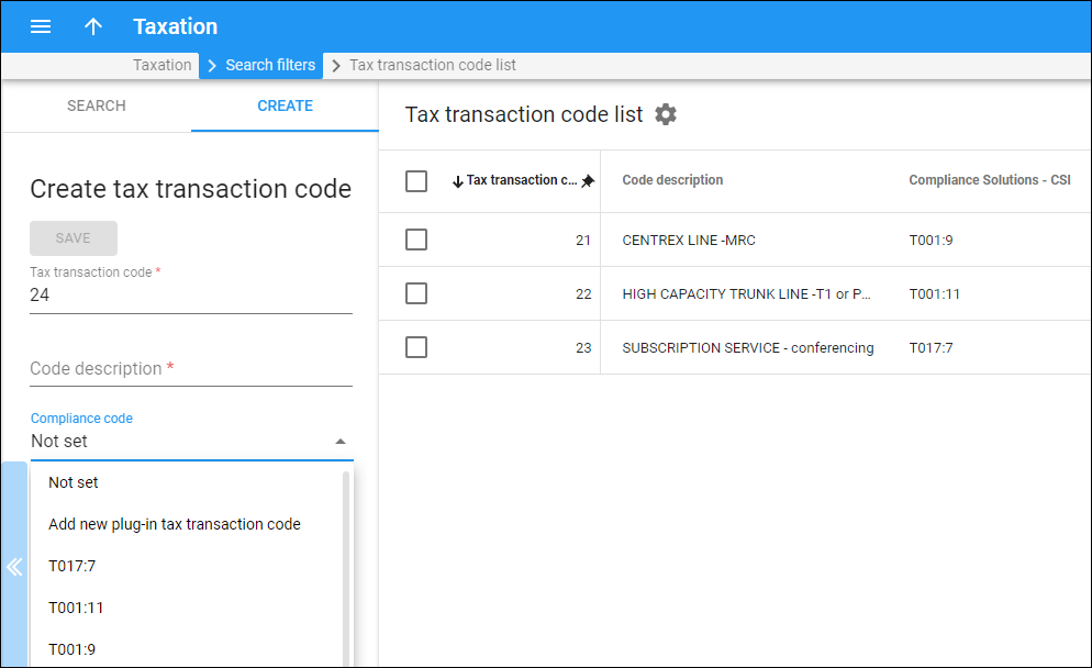 Create internal tax transaction codes