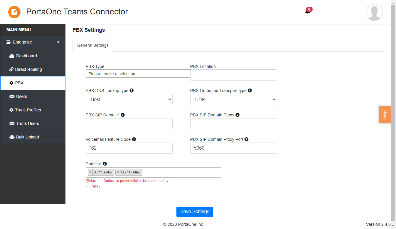 PBX settings