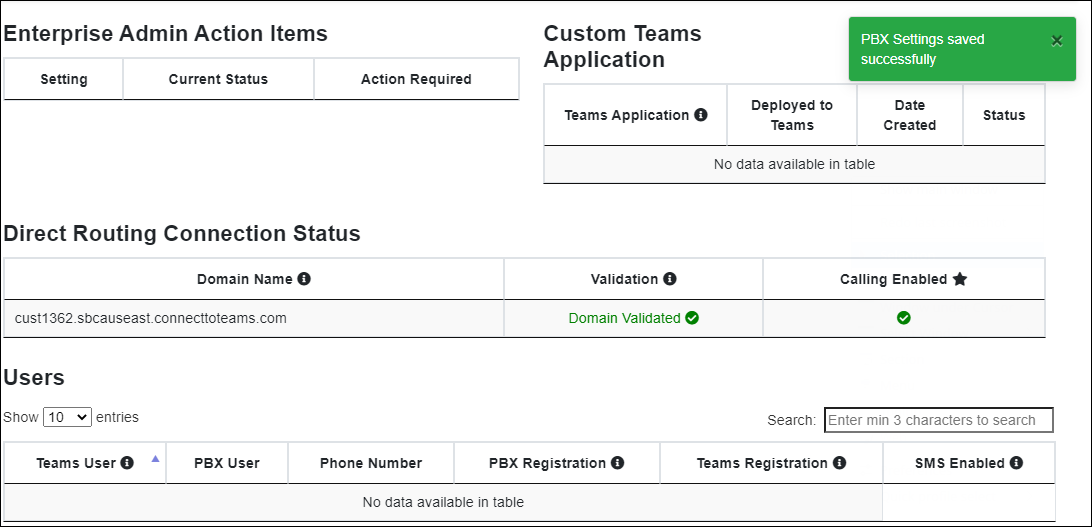 Notification about the successfully added PBX