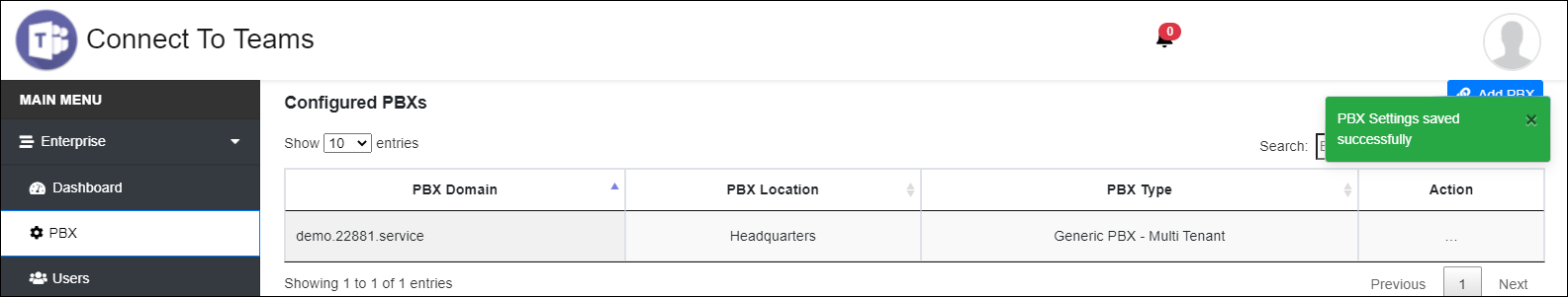 Notification about the successfully added PBX