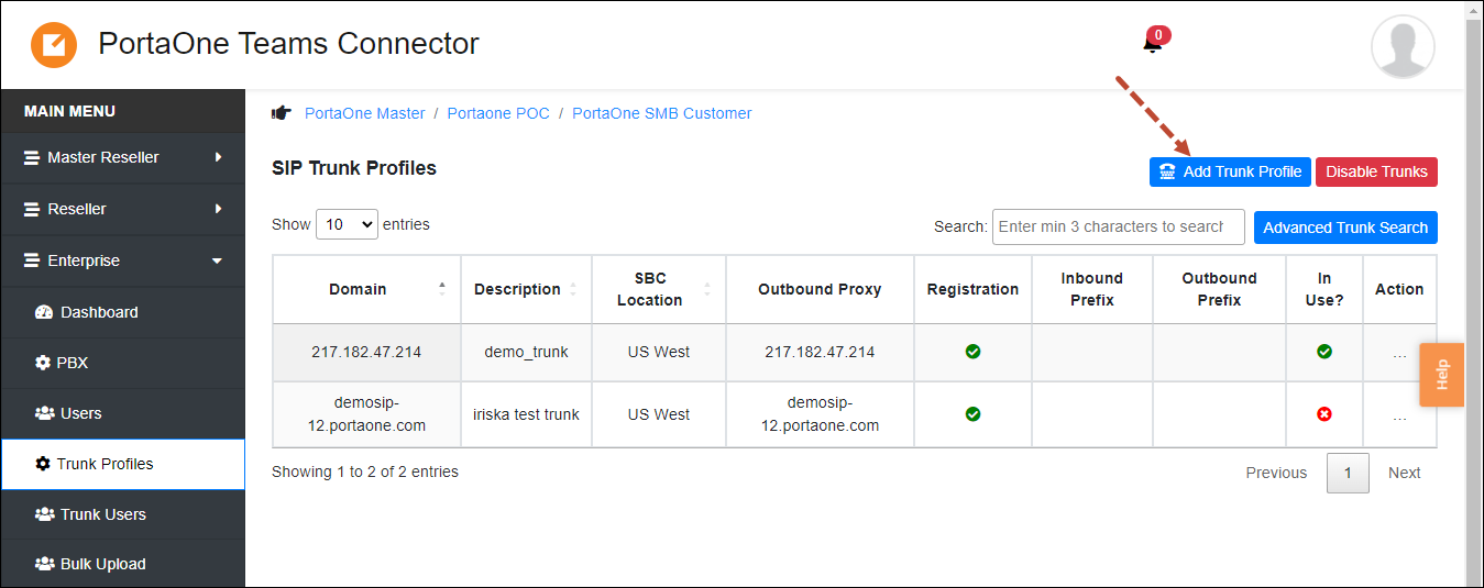 Click Add Trunk profile