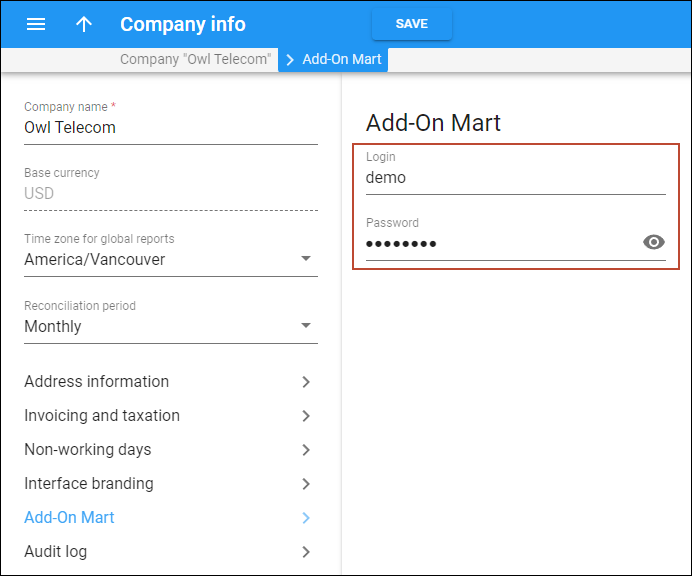 Login and password for Add-on Mart